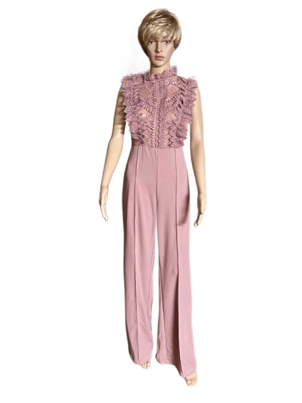 Valentine ~ Women’s Large ~ Mauve Pink ~  Lace & Crochet ~ Flared Leg ~ Jumpsuit